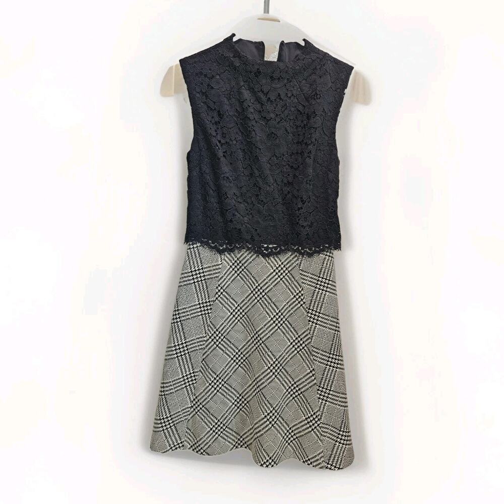 Antonio Melani Black Lace Plaid Skirt Flare Dress Mock Neck Size 4 NWOT